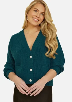 Yumi Green Daisy Button Knitted Relaxed Fit Cardigan