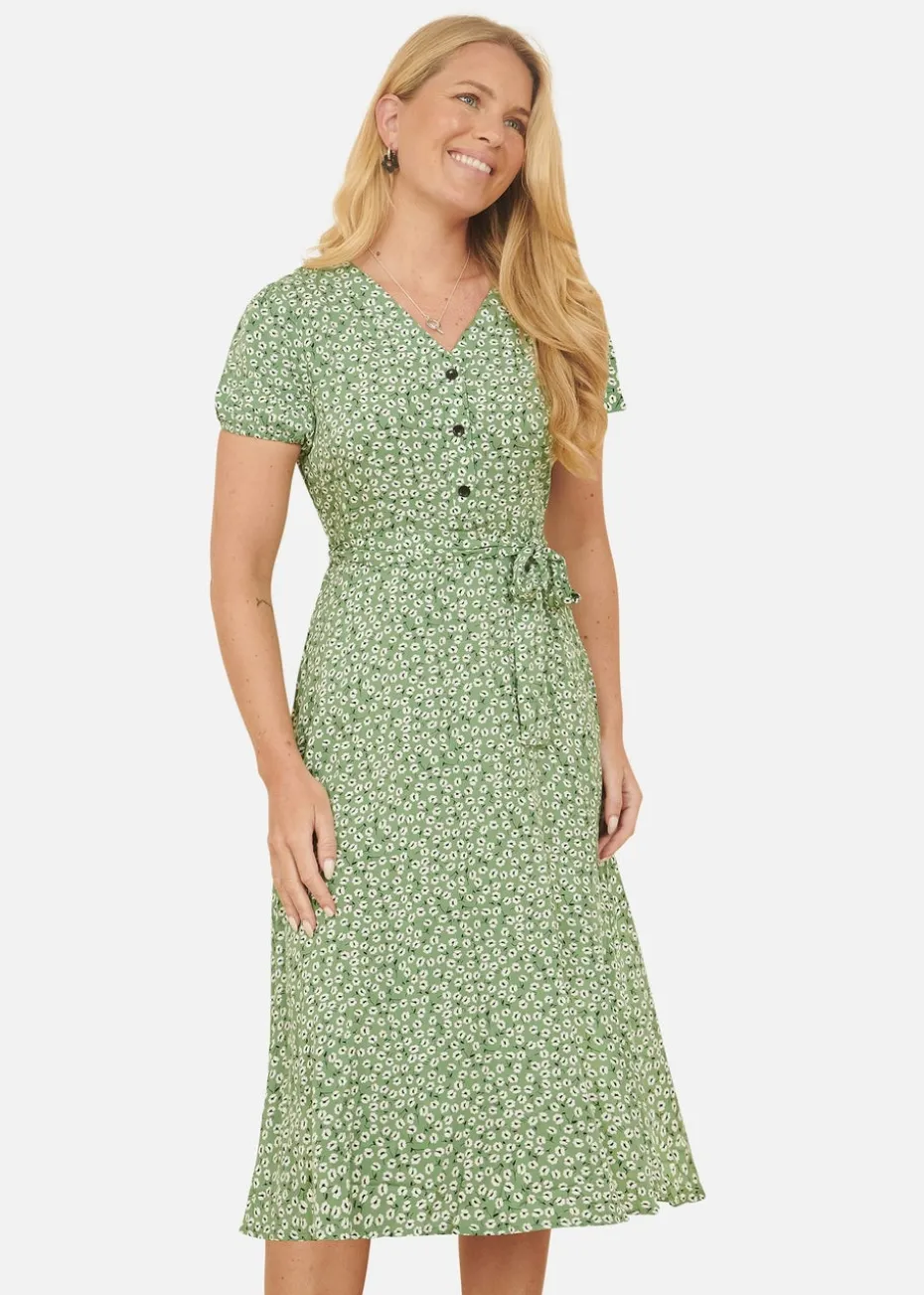 Yumi Green Ditsy Print Midi Tea Dress