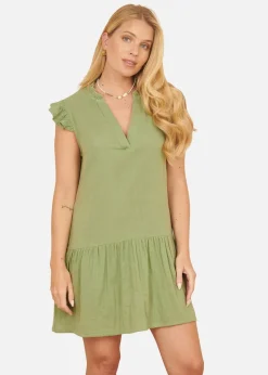 Yumi Green Double Cotton Tunic With Frill Sleeves