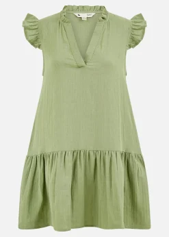 Yumi Green Double Cotton Tunic With Frill Sleeves