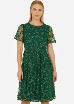 Yumi Green Embroidered Floral Skater Dress