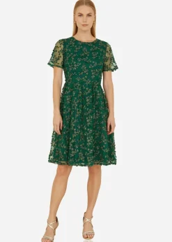 Yumi Green Embroidered Floral Skater Dress