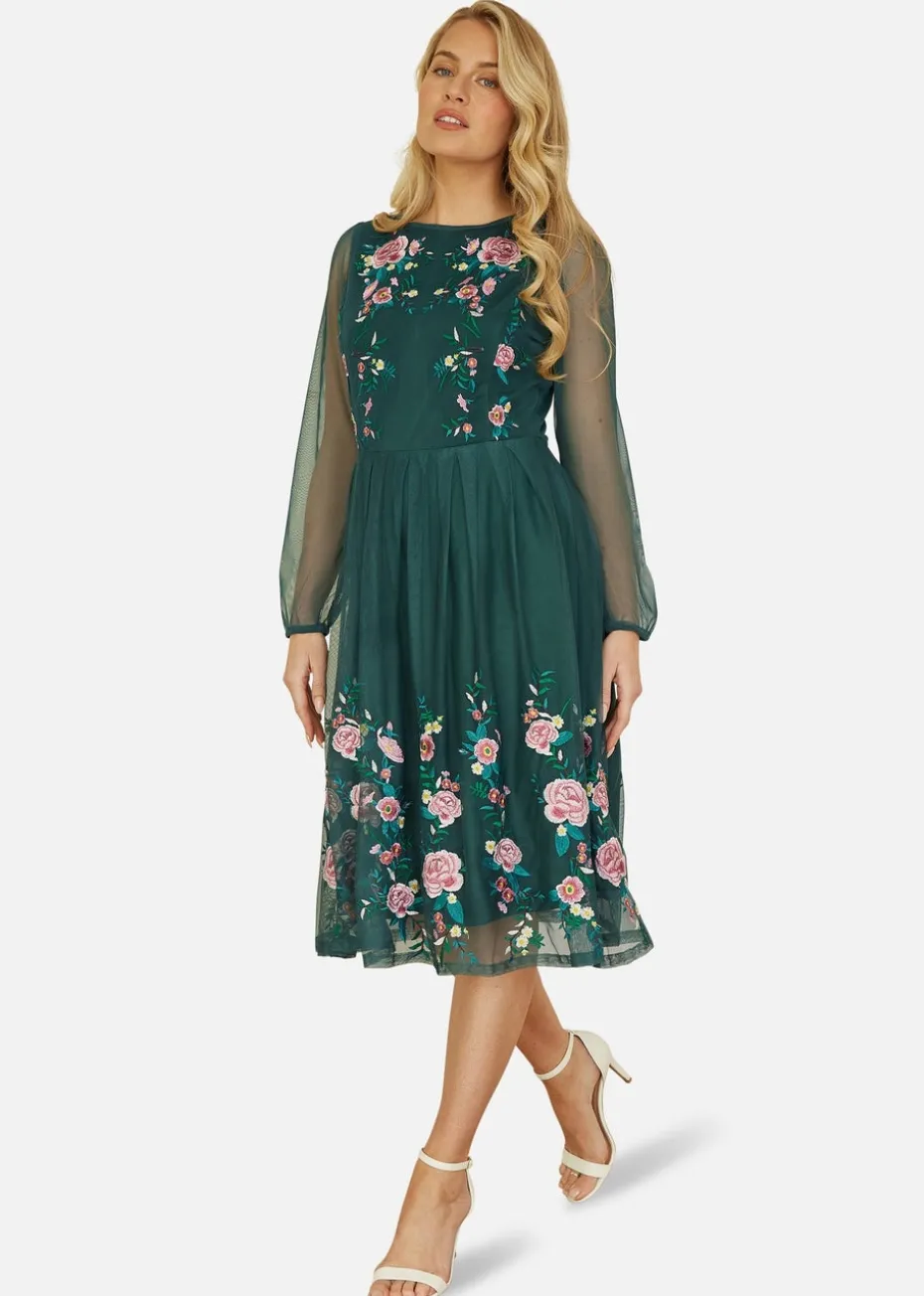Yumi Green Embroidered Long Mesh Sleeve Prom Skater Dress