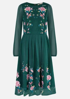 Yumi Green Embroidered Long Mesh Sleeve Prom Skater Dress