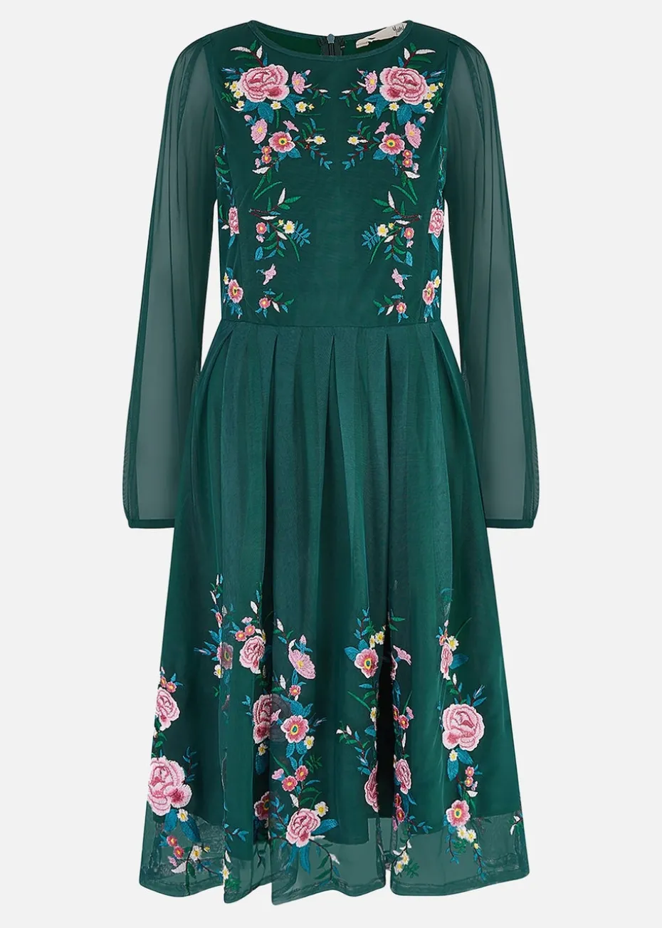 Yumi Green Embroidered Long Mesh Sleeve Prom Skater Dress