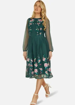Yumi Green Embroidered Long Mesh Sleeve Prom Skater Dress