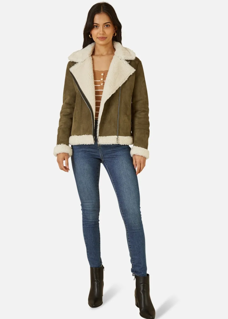 Yumi Green Faux Suede & Shearling Biker Jacket