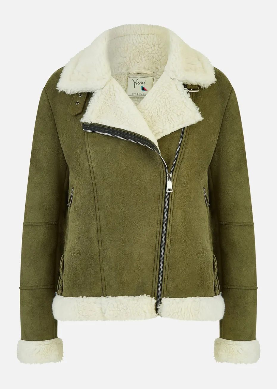 Yumi Green Faux Suede & Shearling Biker Jacket