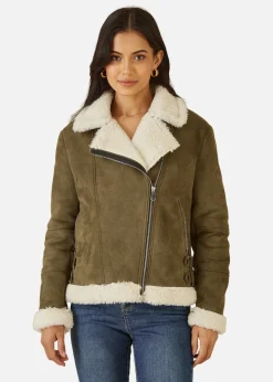 Yumi Green Faux Suede & Shearling Biker Jacket