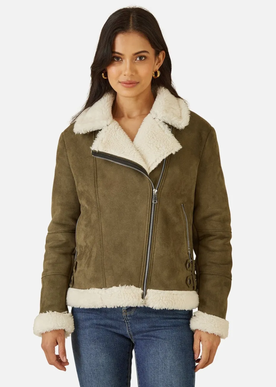 Yumi Green Faux Suede & Shearling Biker Jacket