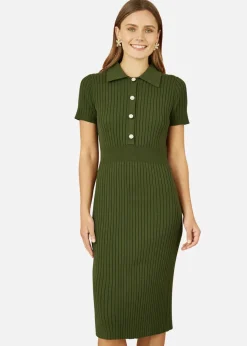 Yumi Green Fitted Rib Knitted Midi Dress With Daisy Buttons