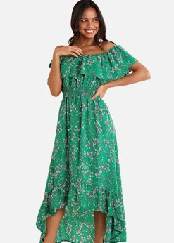 Yumi Green Floral Bardot Maxi Dress