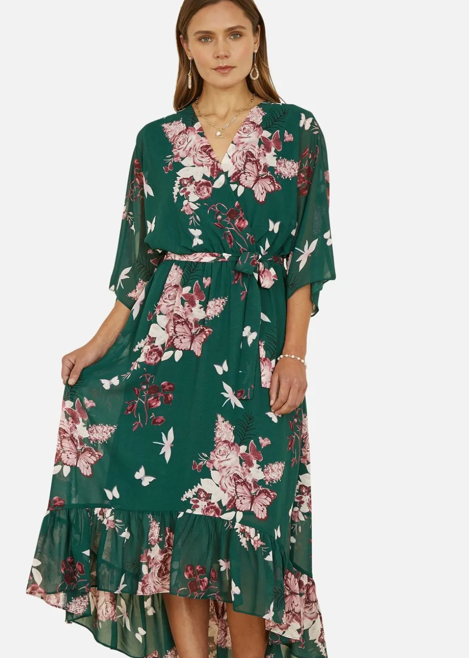 Yumi Green Floral Kimono Dipped Hem Dress