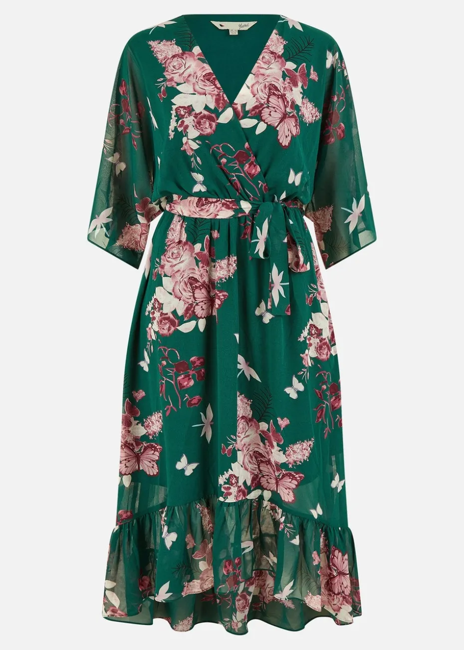 Yumi Green Floral Kimono Dipped Hem Dress