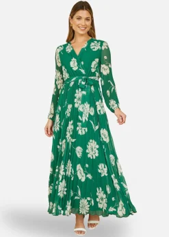 Yumi Green Floral Pleated Midi Wrap Long Sleeve Dress
