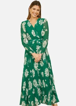 Yumi Green Floral Pleated Midi Wrap Long Sleeve Dress