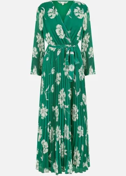 Yumi Green Floral Pleated Midi Wrap Long Sleeve Dress