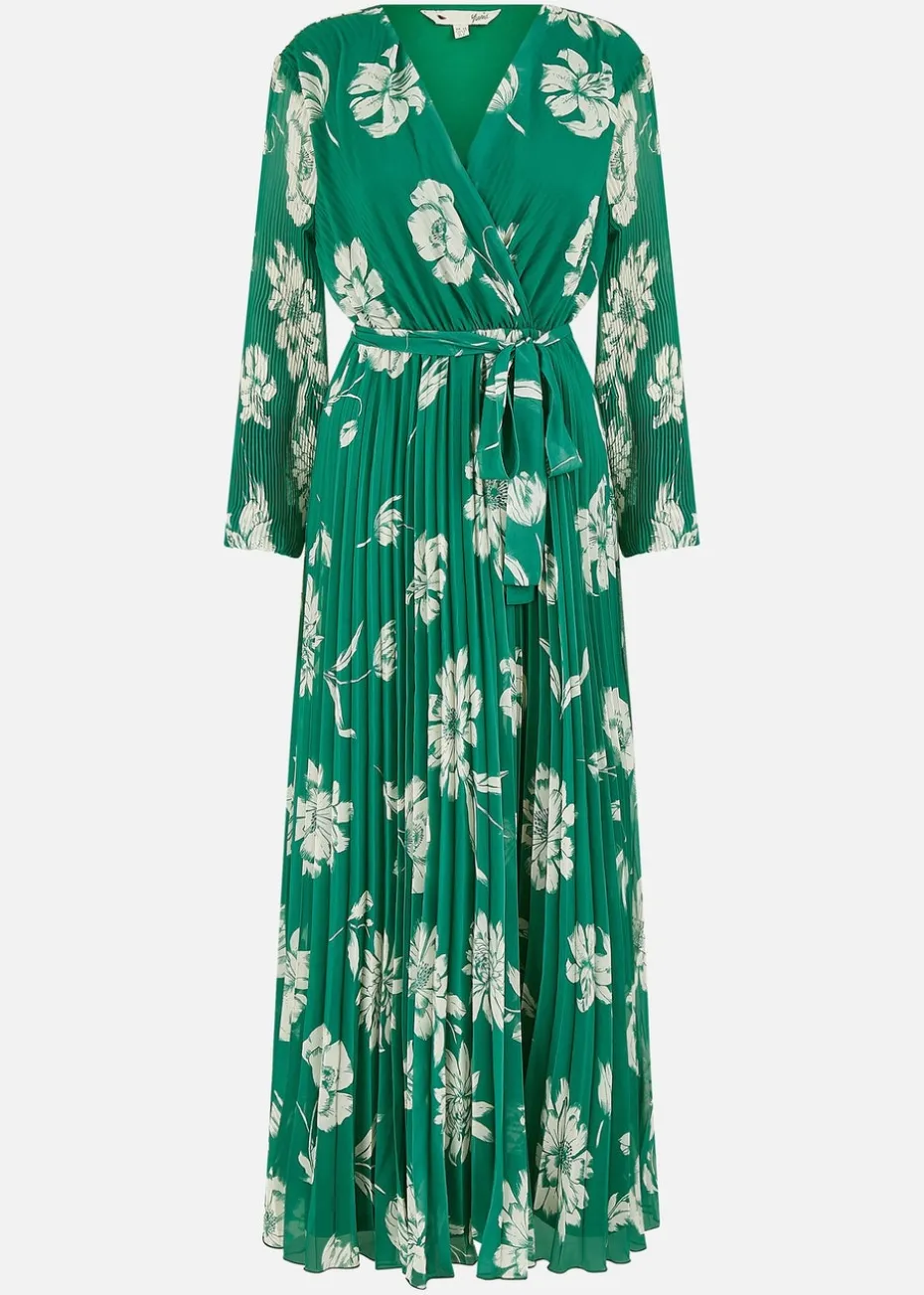 Yumi Green Floral Pleated Midi Wrap Long Sleeve Dress