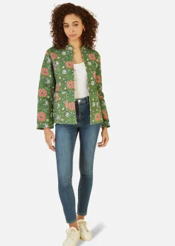 Yumi Green Floral Print Reversible Cotton Cropped Quilted Jacket