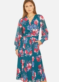 Yumi Green Floral Print Stretch Mesh Dress With Pockets