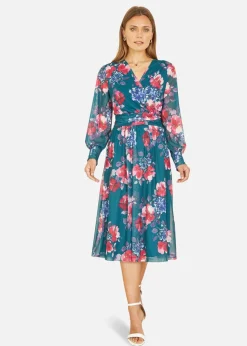 Yumi Green Floral Print Stretch Mesh Dress With Pockets