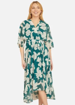 Yumi Green Floral Print Wrap Dress With Dippe
