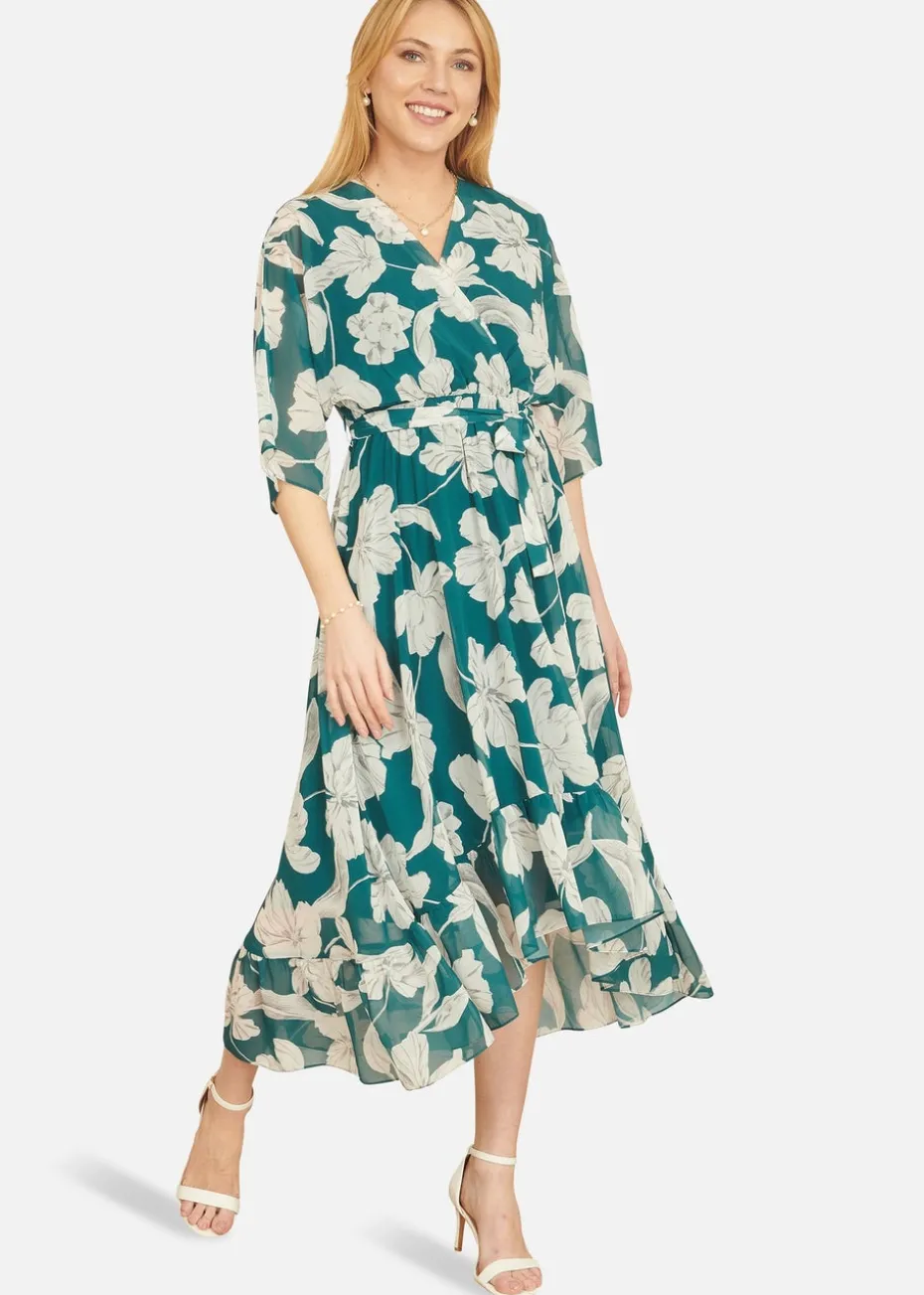 Yumi Green Floral Print Wrap Dress With Dippe