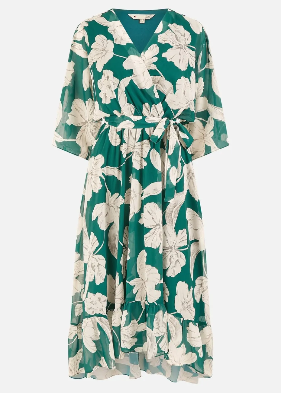 Yumi Green Floral Print Wrap Dress With Dippe
