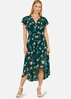 Yumi Green Floral Wrap Midi Dress With Frill Hem
