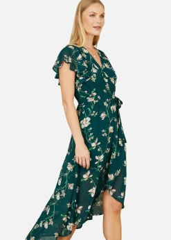 Yumi Green Floral Wrap Midi Dress With Frill Hem