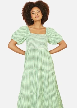 Yumi Green Gingham Smock Puff Sleeve Midi Dress
