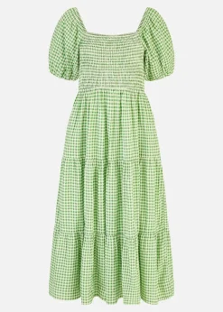 Yumi Green Gingham Smock Puff Sleeve Midi Dress