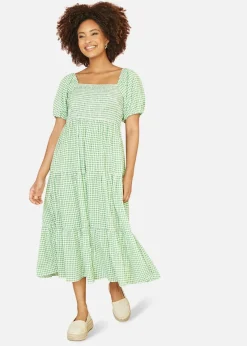 Yumi Green Gingham Smock Puff Sleeve Midi Dress