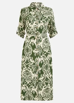 Yumi Green Ikat Geo Print Midi Shirt Dress