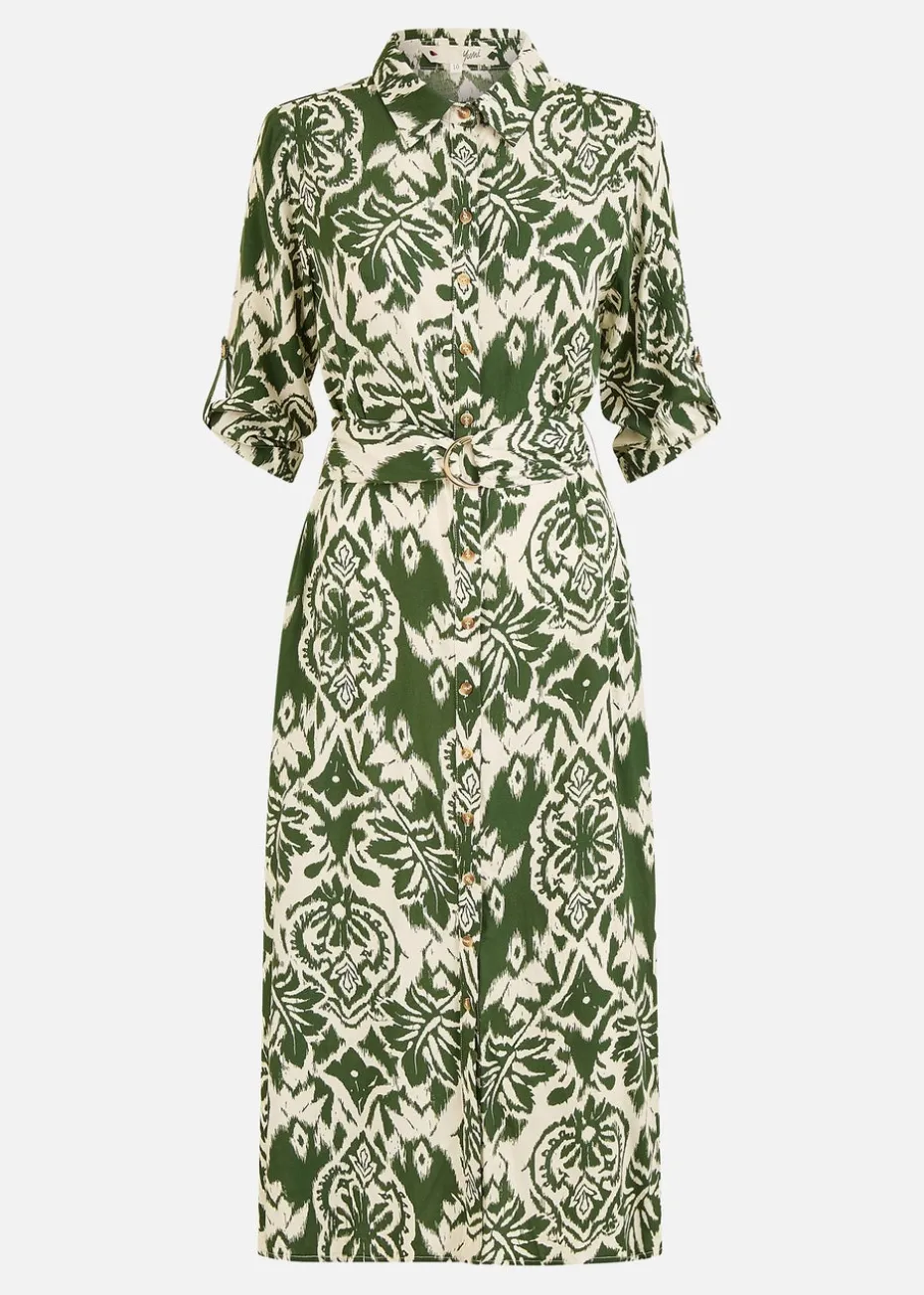 Yumi Green Ikat Geo Print Midi Shirt Dress