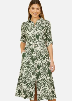 Yumi Green Ikat Geo Print Midi Shirt Dress