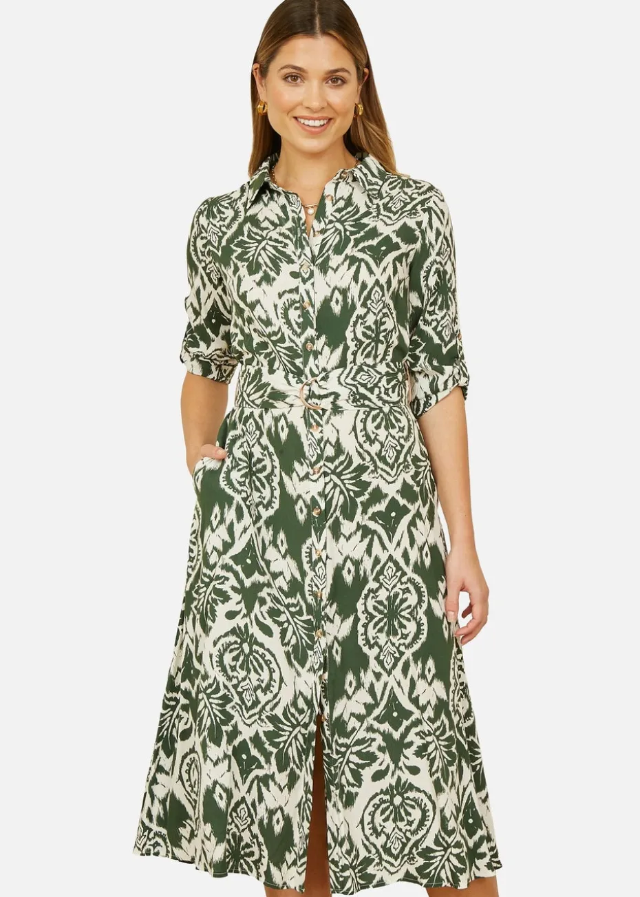 Yumi Green Ikat Geo Print Midi Shirt Dress