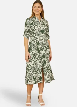 Yumi Green Ikat Geo Print Midi Shirt Dress