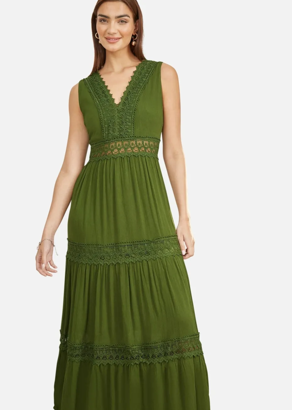Yumi Green Lace Trim Cotton Midi Sun Dress