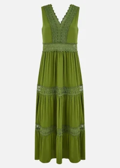 Yumi Green Lace Trim Cotton Midi Sun Dress