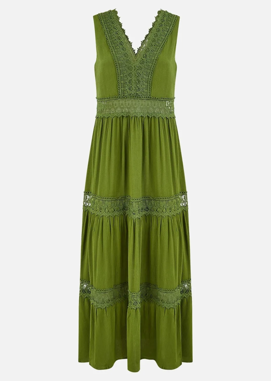 Yumi Green Lace Trim Cotton Midi Sun Dress