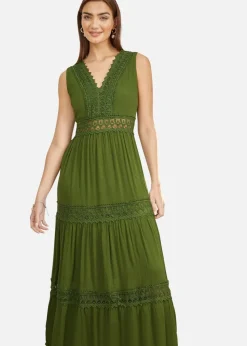 Yumi Green Lace Trim Cotton Midi Sun Dress