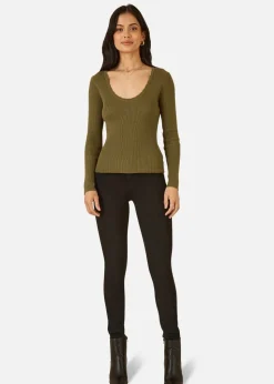 Yumi Green Metallic Knitted Ribbed Top
