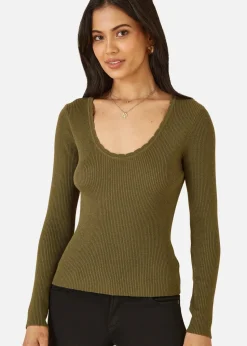 Yumi Green Metallic Knitted Ribbed Top