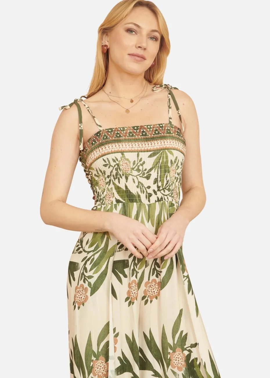 Yumi Green Palm Print Strappy Viscose Jumpsuit