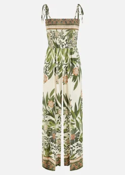 Yumi Green Palm Print Strappy Viscose Jumpsuit