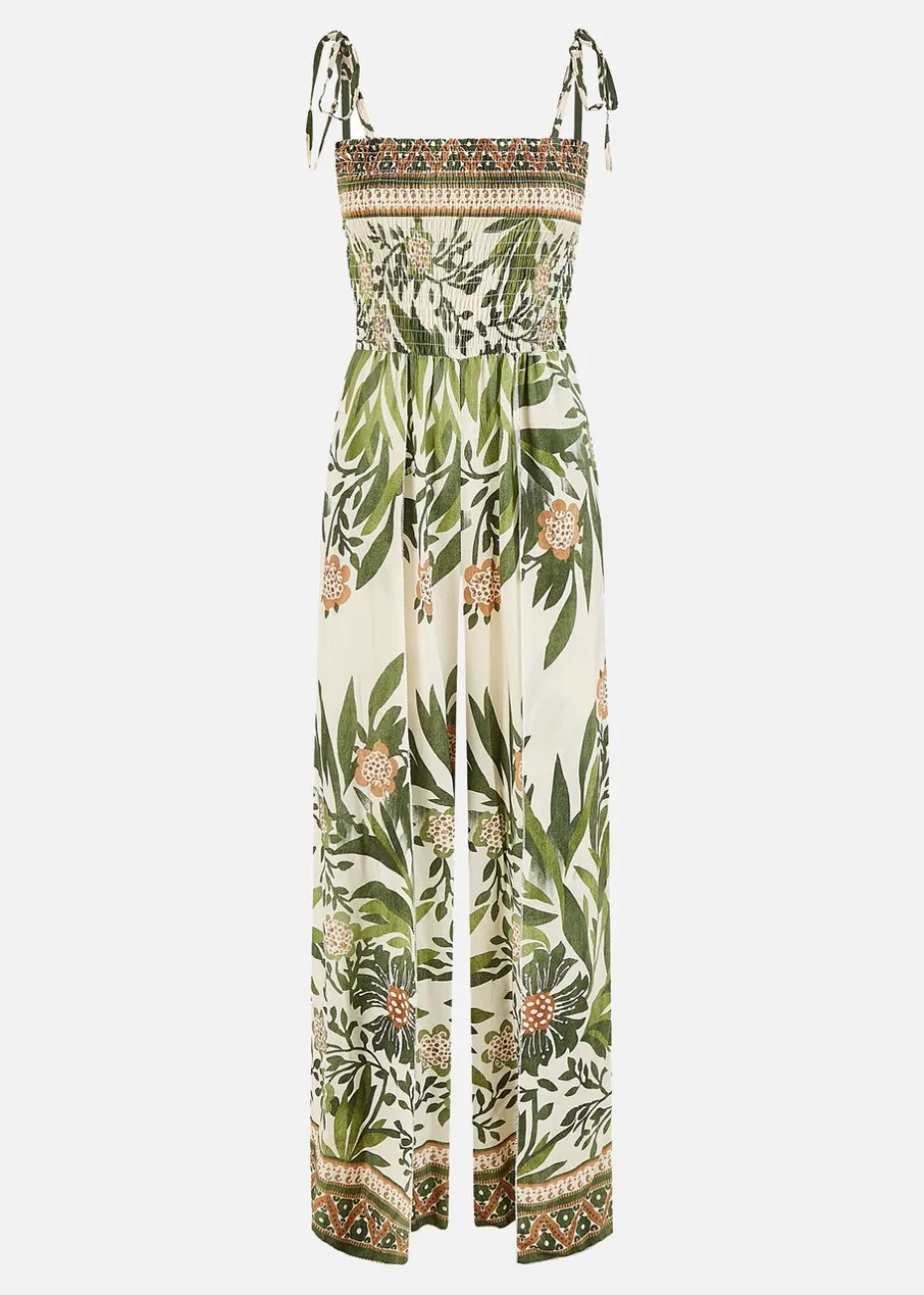 Yumi Green Palm Print Strappy Viscose Jumpsuit
