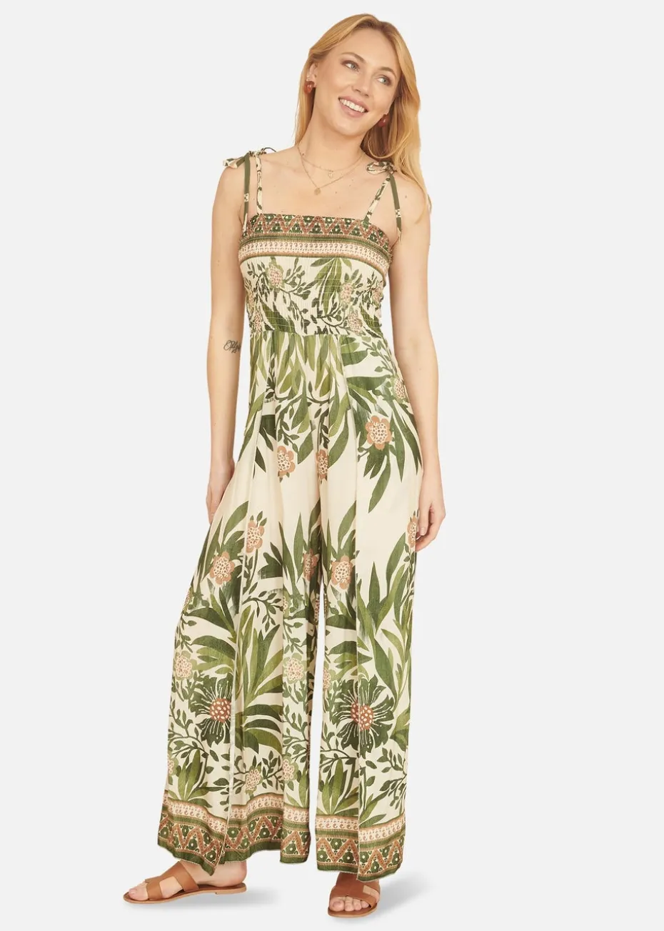 Yumi Green Palm Print Strappy Viscose Jumpsuit