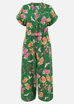 Yumi Green Recycled Crane Print Jumpsuit With Matching Belt