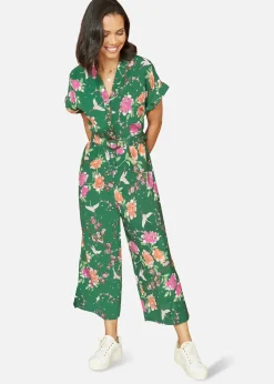 Yumi Green Recycled Crane Print Jumpsuit With Matching Belt